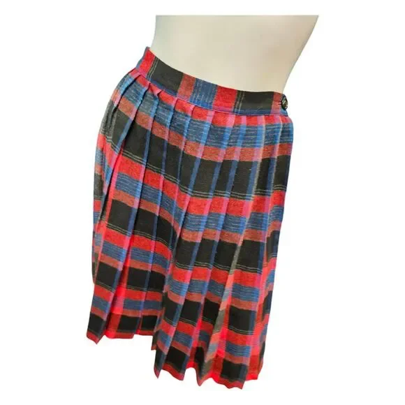 Vintage Red Wool Pleated Skirt XS 23 Plaid - Picture 4 of 8